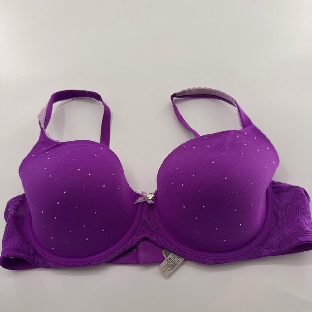 Victoria’s Secret Silver Tag Lined Demi Rhinestone Purple Bra Sexy Bling 38D